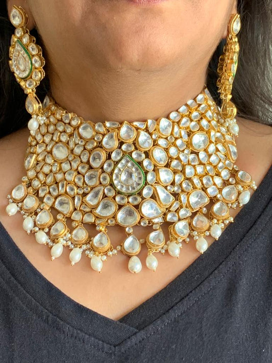 Jadau Kundan necklace set gold tone pan shape bridal statement style