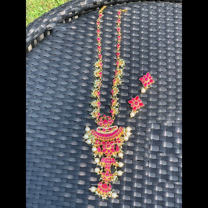 Indian Kundan necklace set long pendant mala Victorian style ruby green