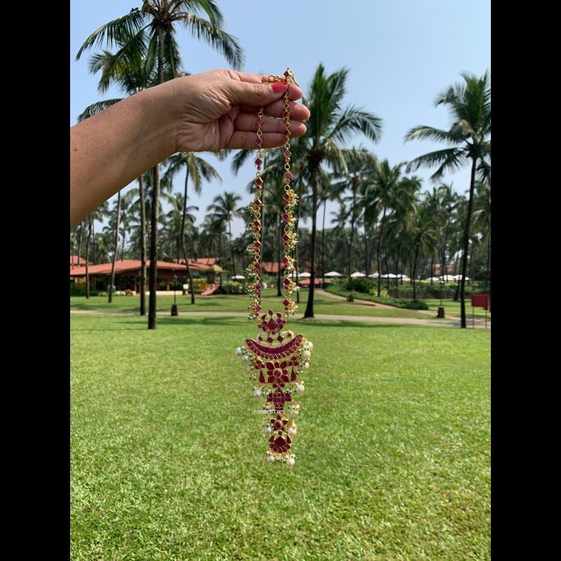 Indian Kundan necklace set long pendant mala Victorian style ruby green