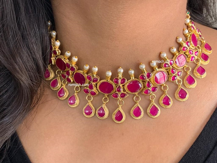 Classic Kundan necklace set ruby droplet design