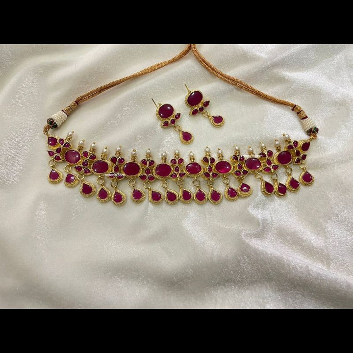 Classic Kundan necklace set ruby droplet design