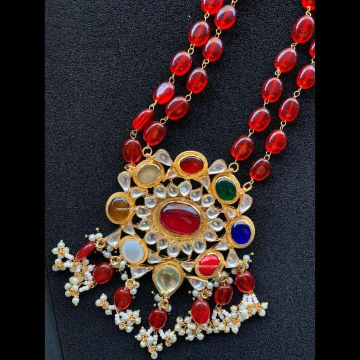 Navratna Kundan pendant beads mala with stud earrings