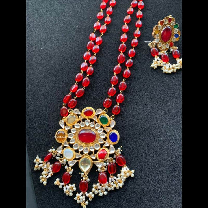 Navratna Kundan pendant beads mala with stud earrings