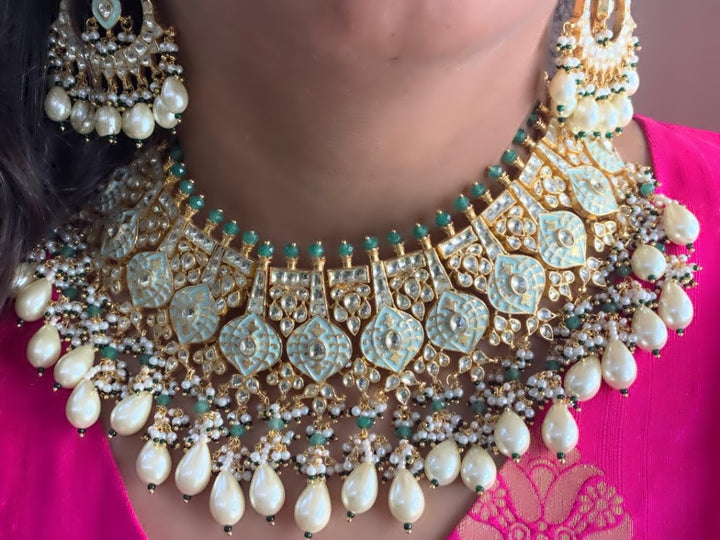 Meenakari set mint green studded with Kundan and pearl drops