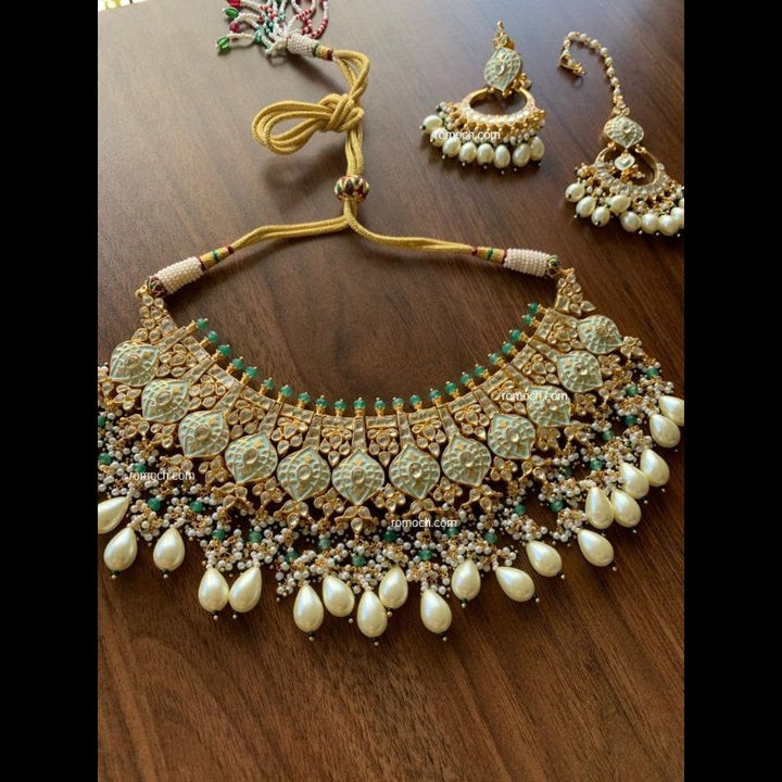 Meenakari set mint green studded with Kundan and pearl drops