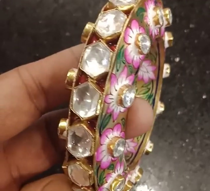 Meenakari bangles golden and pink floral design Polki studded