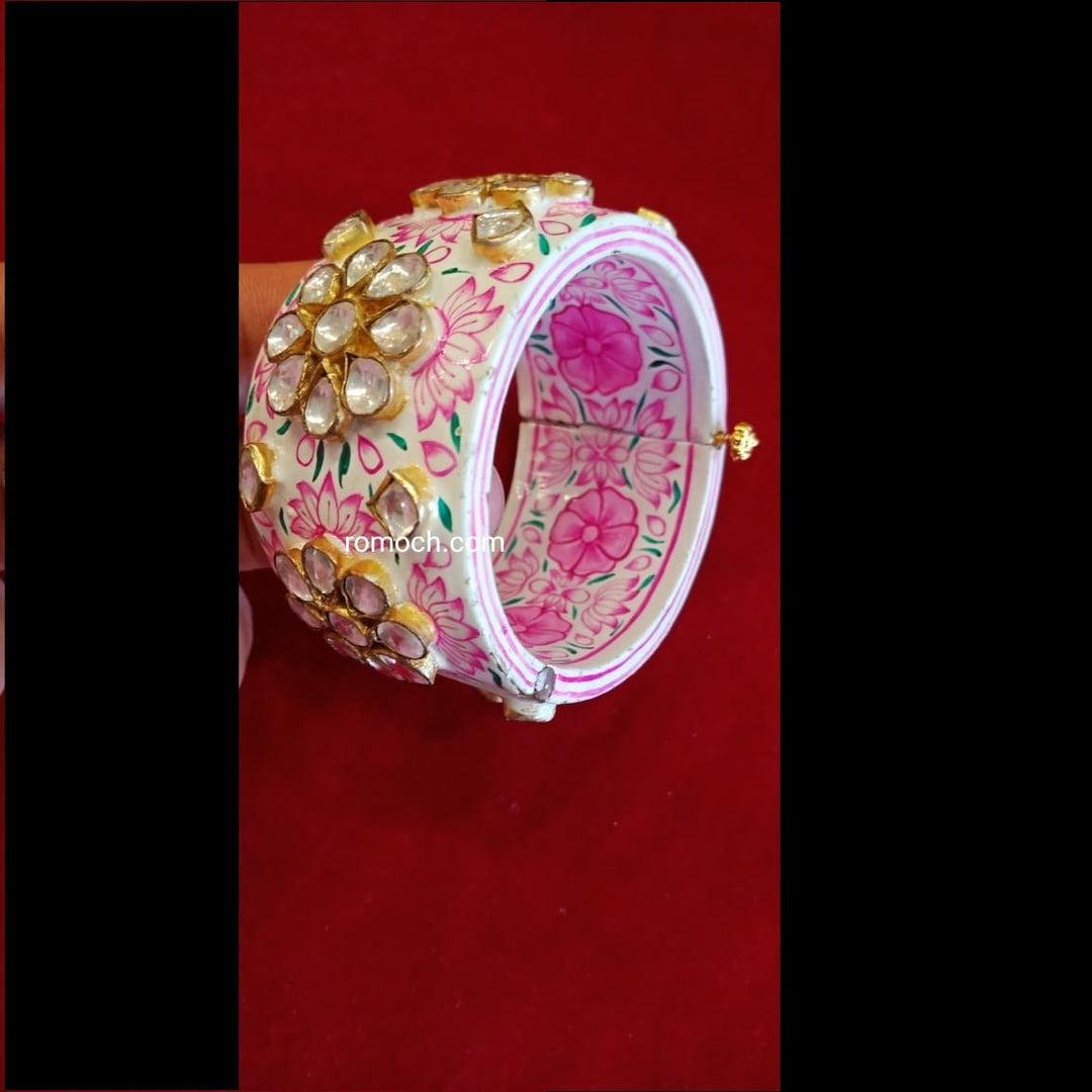 Meenakari bangles pink and white floral Polki studded