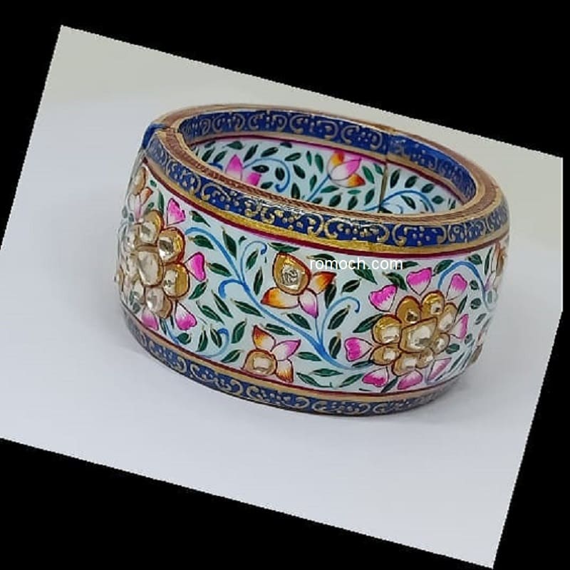 Indian meenakari blue and pink floral design Kundan studded bangles kada