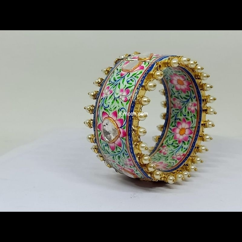 Indian meenakari Polki studded mint green and pink with pearl outline