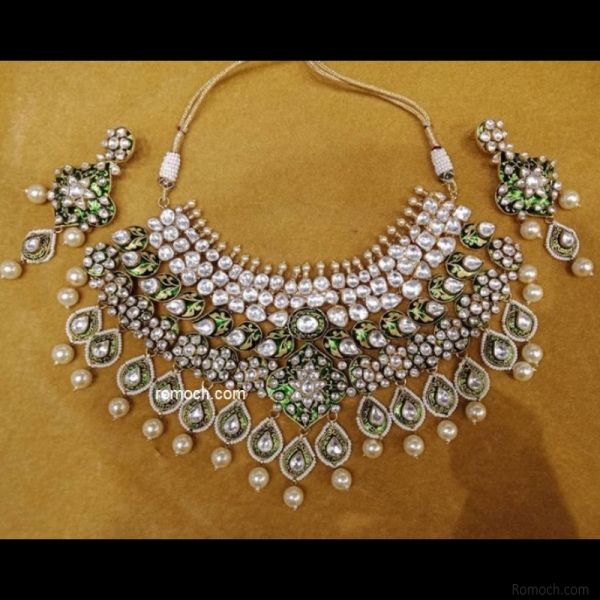 Polki Kundan necklace set bridal green meenakari paisley design