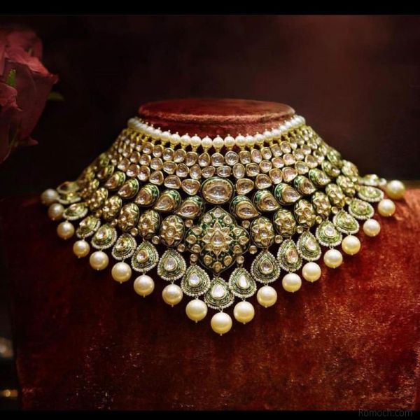 Polki Kundan necklace set bridal green meenakari paisley design