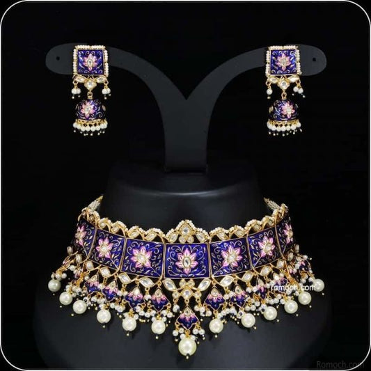 Meenakari Kundan choker necklace set blue pink square design with jhumkas