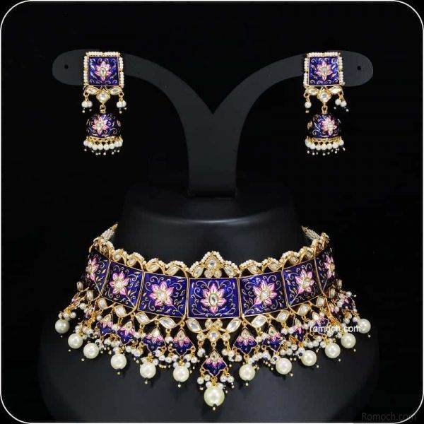 Meenakari Kundan choker necklace set blue pink square design with jhumkas