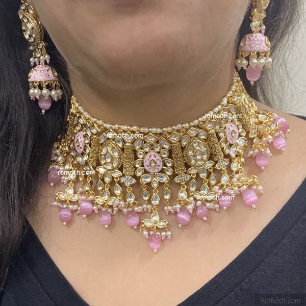 Indian wedding necklace set pink meenakari antique bar design