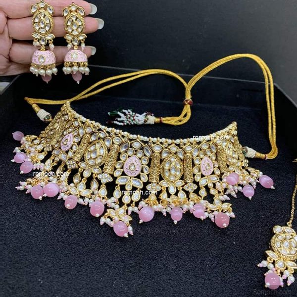 Indian wedding necklace set pink meenakari antique bar design