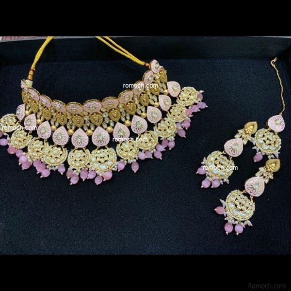 Indian meenakari necklace set Kundan pink chand charm drops