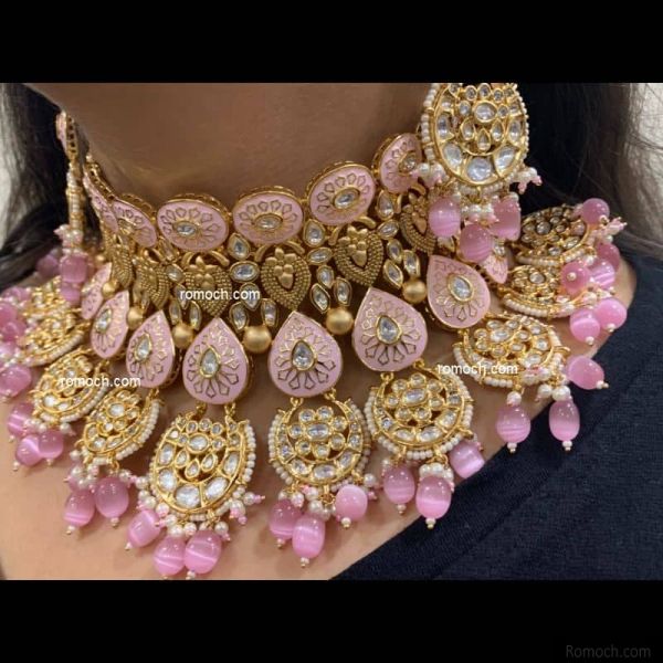 Indian meenakari necklace set Kundan pink chand charm drops