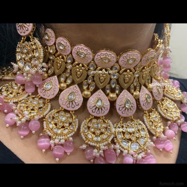 Indian meenakari necklace set Kundan pink chand charm drops