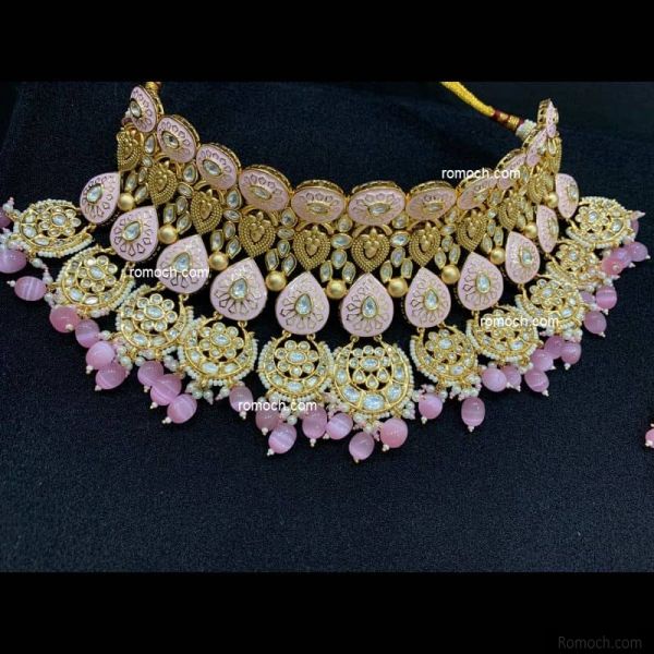 Indian meenakari necklace set Kundan pink chand charm drops