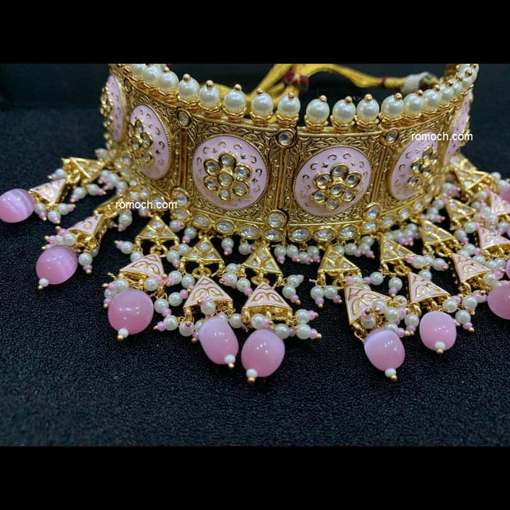 Pink meenakari Kundan choker necklace with earrings and tikka