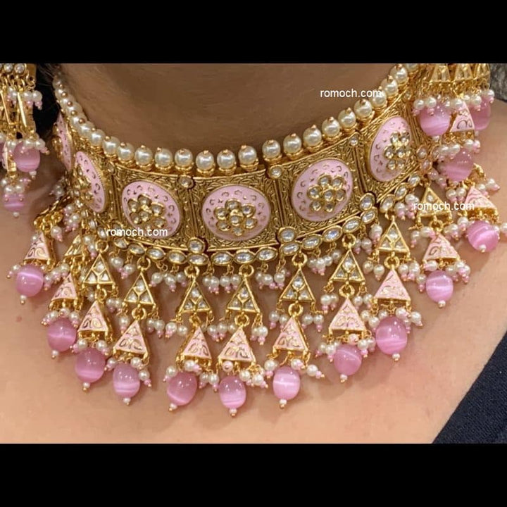 Pink meenakari Kundan choker necklace with earrings and tikka