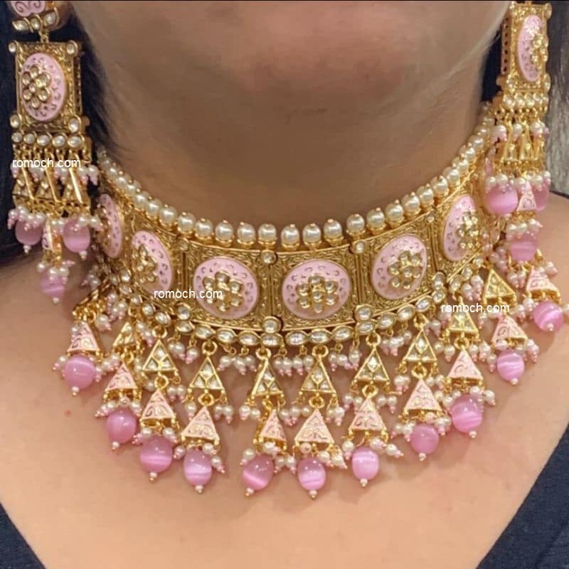 Pink meenakari Kundan choker set with earrings and tikka