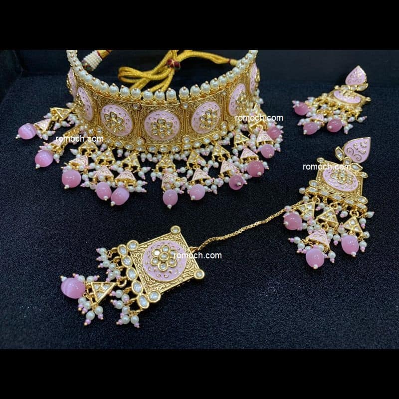 Pink meenakari Kundan choker necklace with earrings and tikka