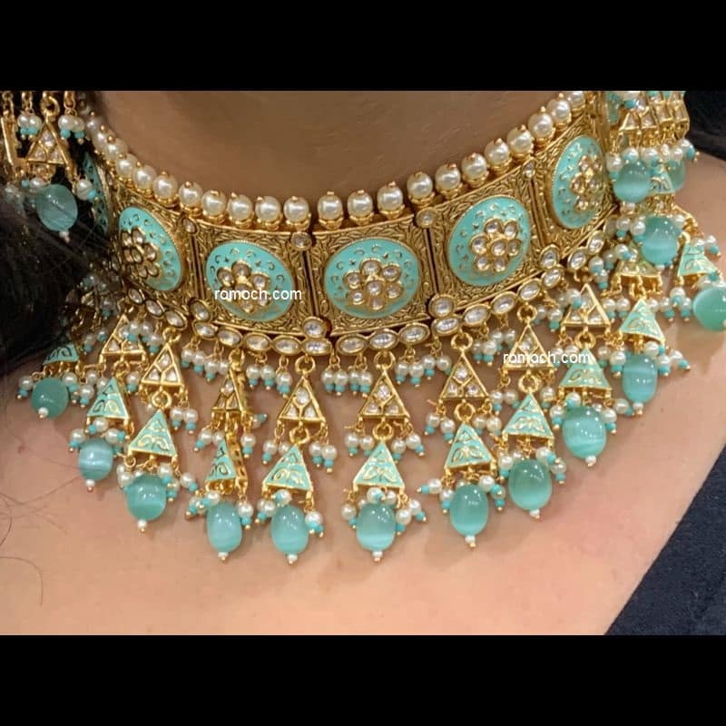 Mint green meenakari Kundan choker necklace with earrings and tikka