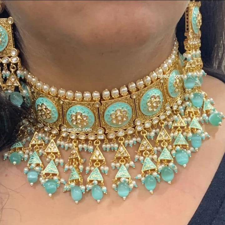 Mint green meenakari Kundan choker necklace with earrings and tikka