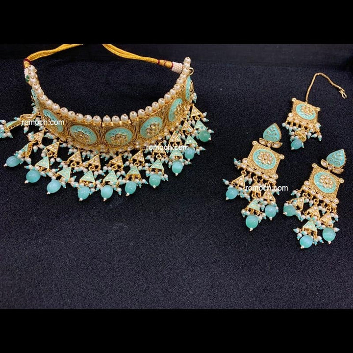 Mint green meenakari Kundan choker necklace with earrings and tikka