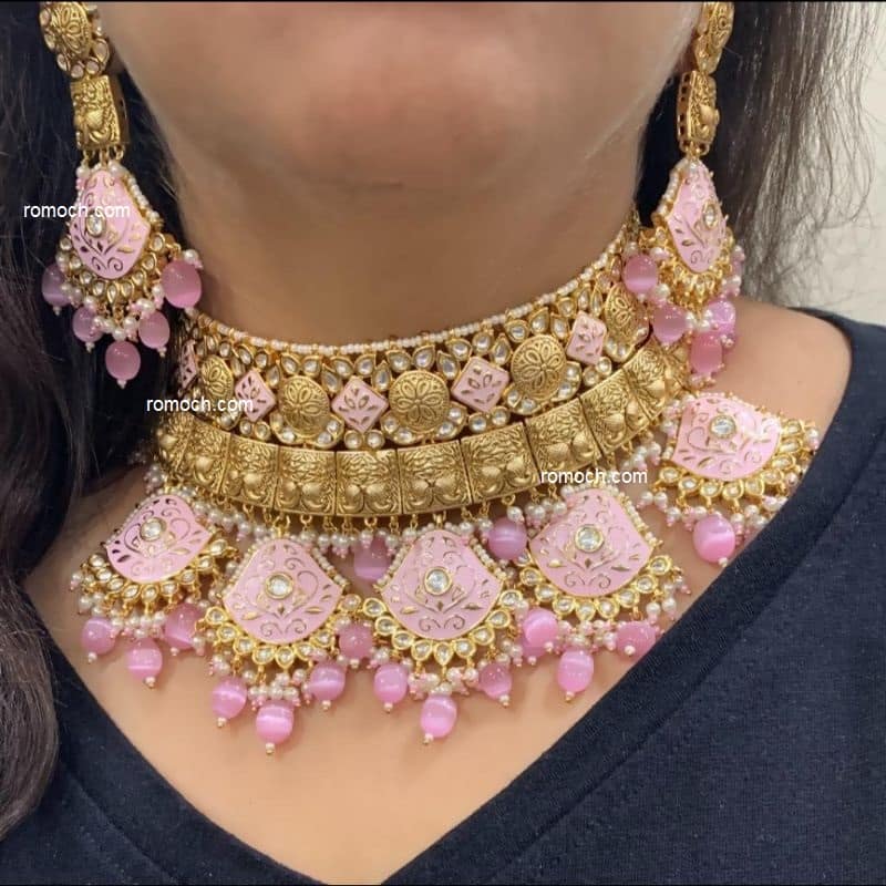 Meenakari Kundan bridal choker set triangular drops