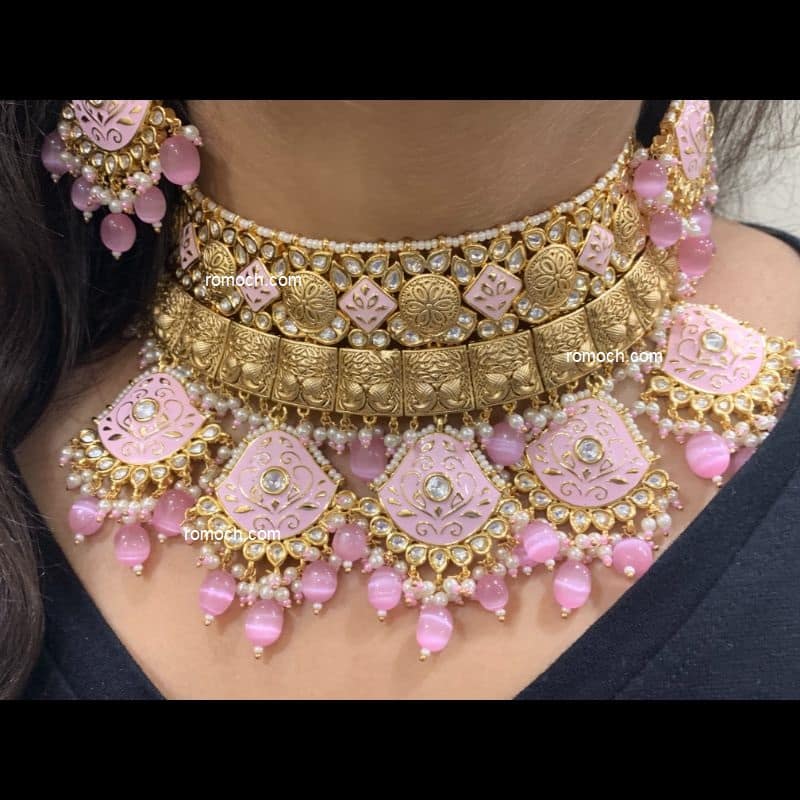 Meenakari Kundan bridal choker set triangular drops