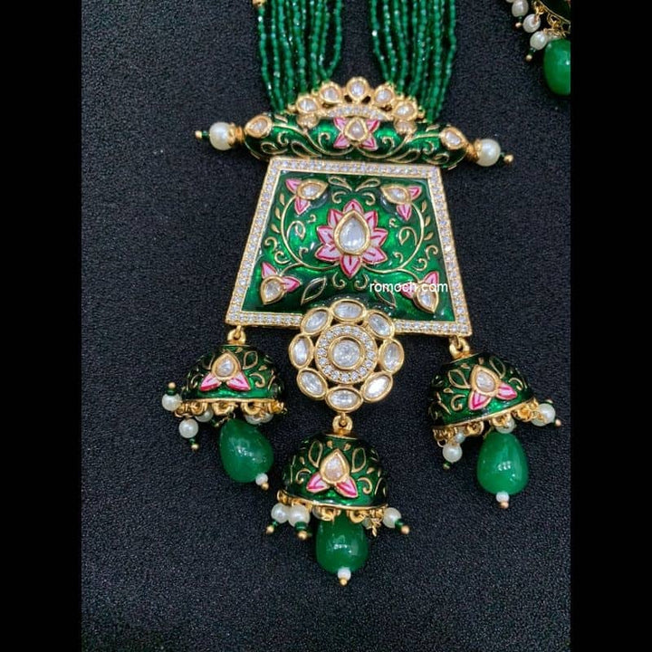 Green Meenakari Kundan pendant beaded long necklace set with jhumkas