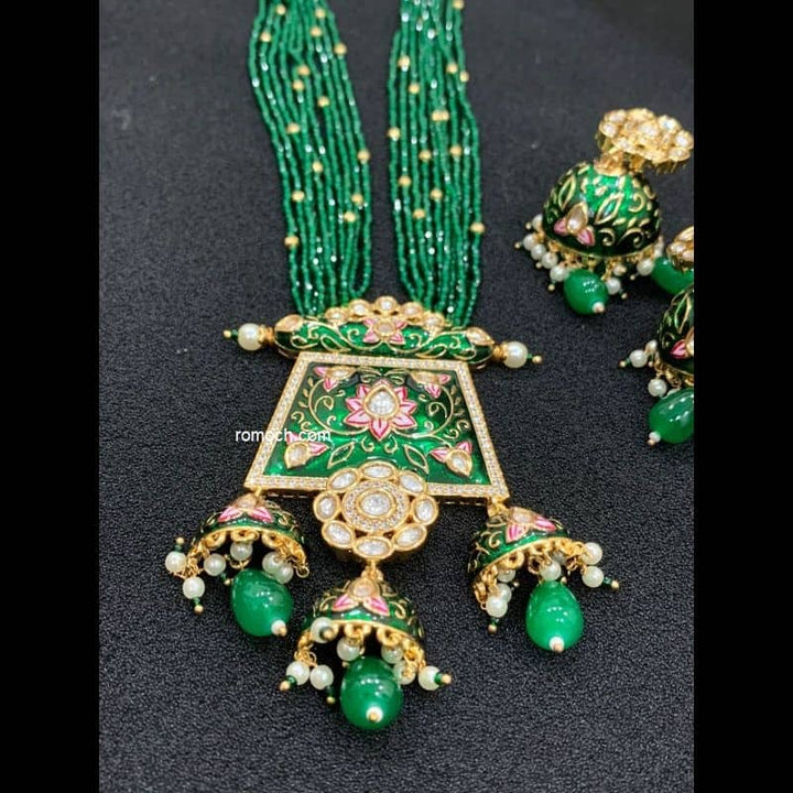 Green Meenakari Kundan pendant beaded long necklace set with jhumkas