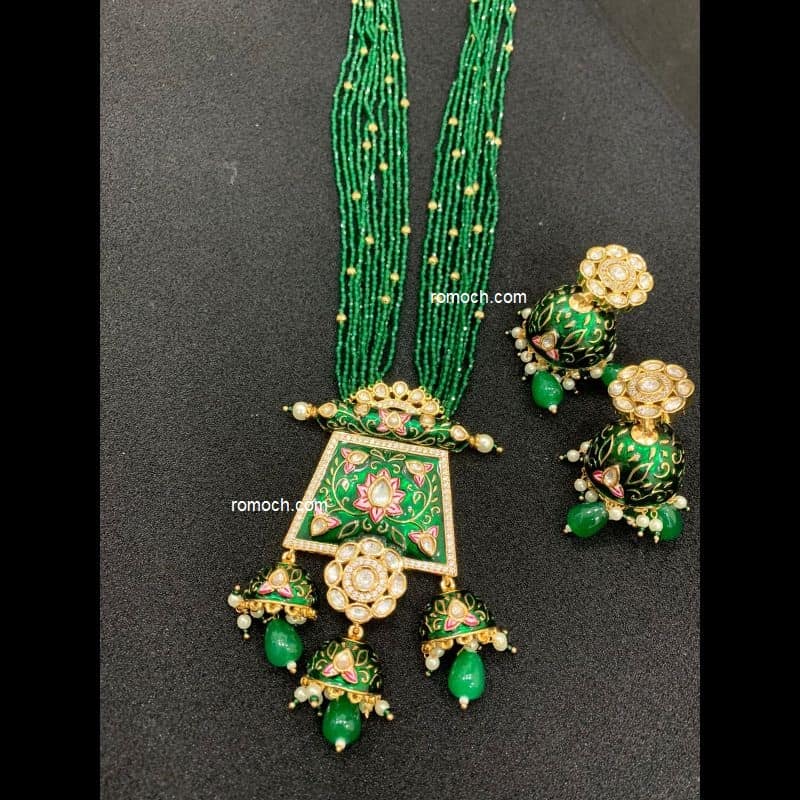 Green Meenakari Kundan pendant beaded long necklace set with jhumkas