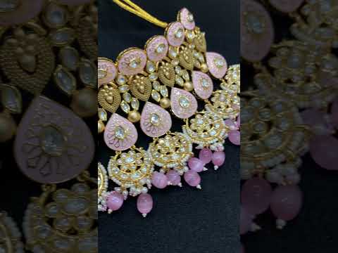 Indian meenakari necklace set Kundan pink chand charm drops