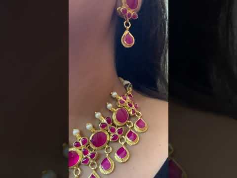 Classic Kundan necklace set ruby droplet design