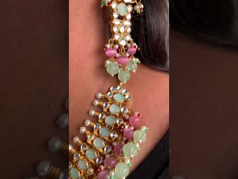 Kundan necklace set mint green with pink oval shape design