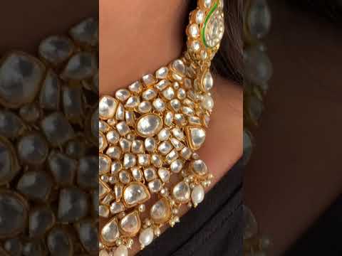 Jadau Kundan necklace set gold tone pan shape bridal statement style