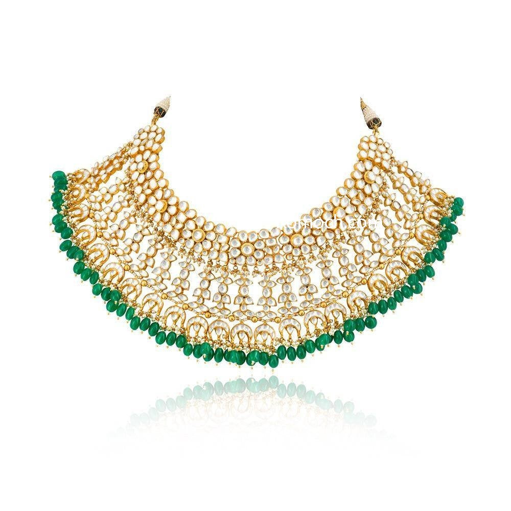 Indian Polki Kundan floral layered set with green drops