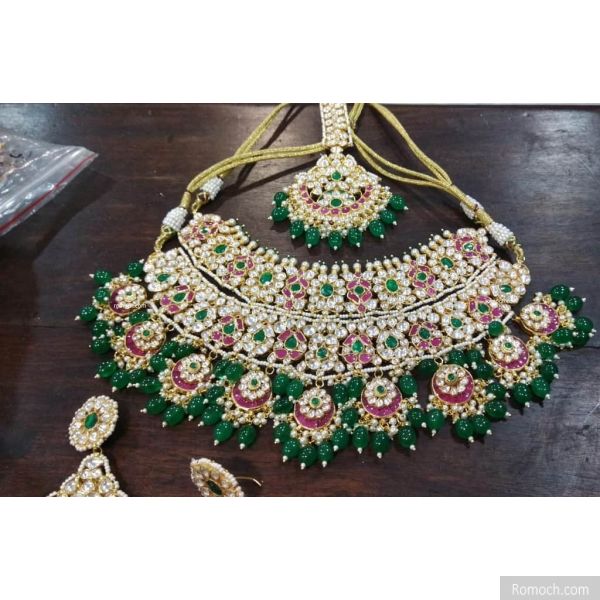 Heavy bridal ruby chand and green drops choker and necklace set