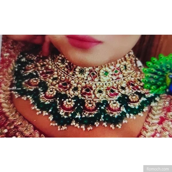 Heavy bridal ruby chand and green drops choker and necklace set