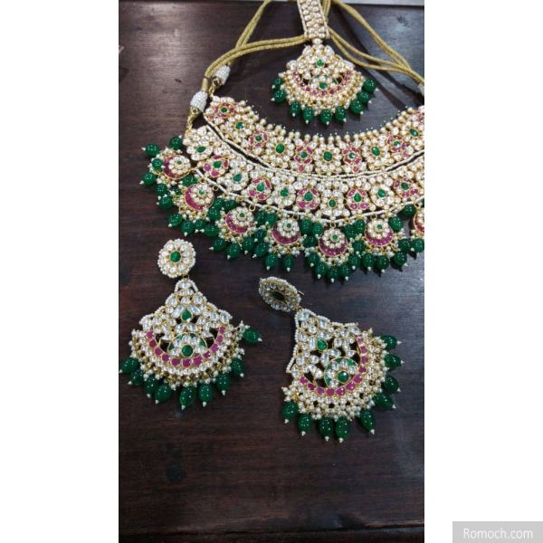 Heavy bridal ruby chand and green drops choker and necklace set