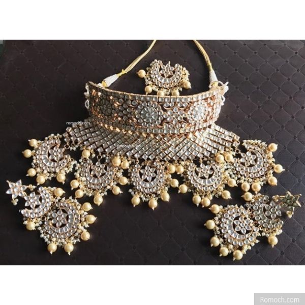 Polki Kundan bridal broad choker with chandbali drops necklace set