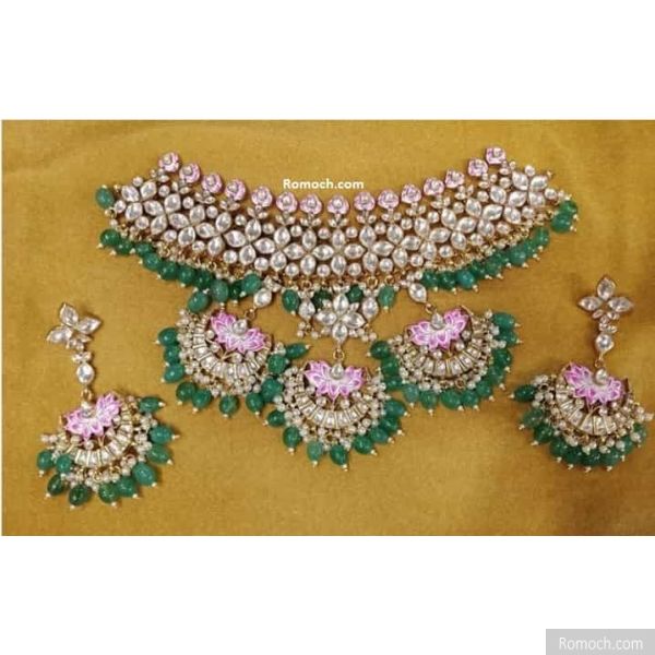 Pink and white meenakari Jadau Kundan green drops lotus bridal necklace set