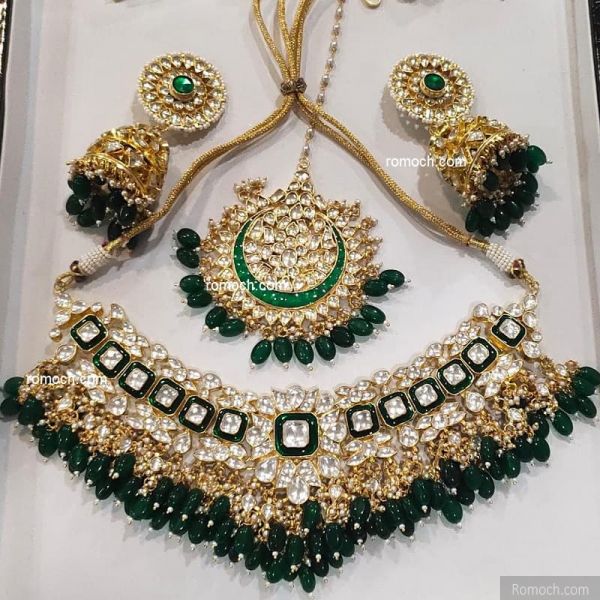 Indian bridal green meenakari Polki Kundan necklace, huge chandbali and jhumka set