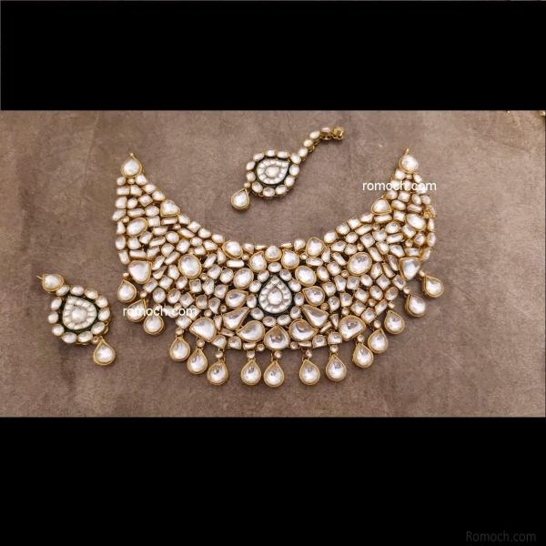 Jadau Kundan necklace set gold tone pan shape bridal statement style