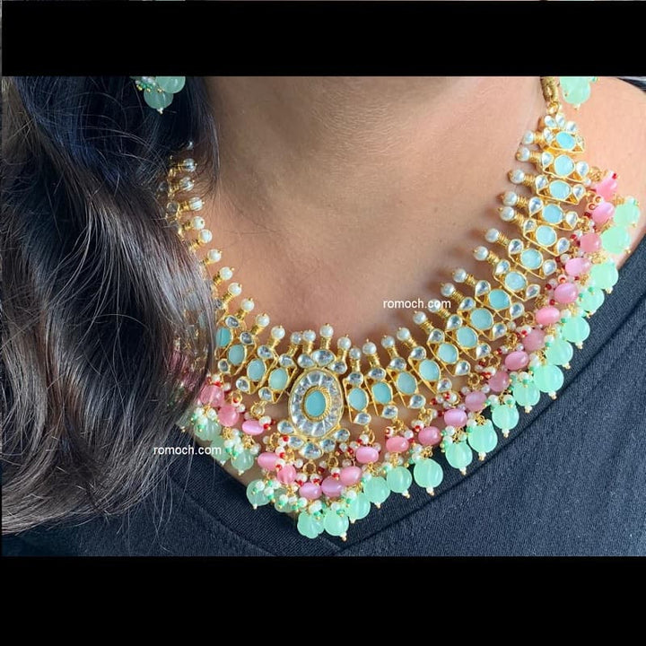 Kundan necklace set mint green with pink oval shape design