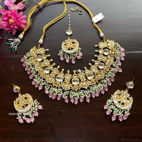 Simple Polki Kundan necklace set chandbali earrings and tikka pink and green drops