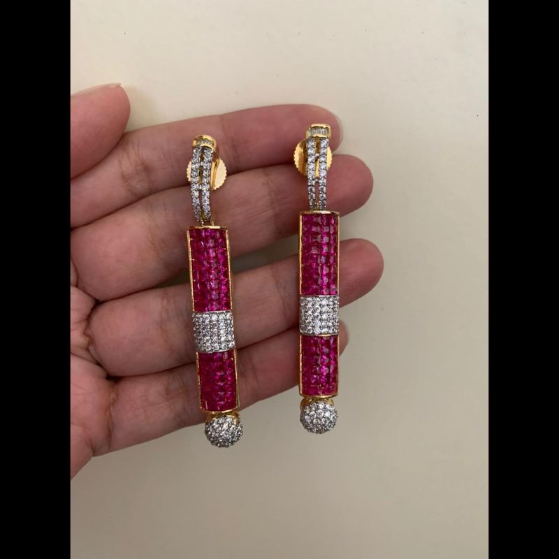 Stylish ruby and CZ stone earrings bar design